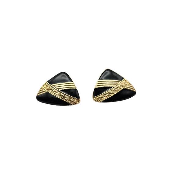 Vintage Triangle Enamel Post Earrings – Black & Gold - Picture 2 of 4